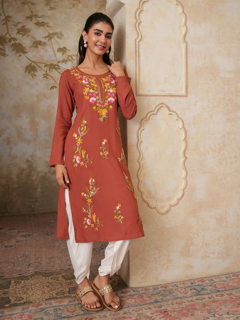 QAZMI Women's Sahar Kashmiri Aari Work Viscose Rayon Straight Kurta Brown - Image 5