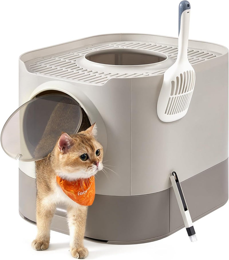 XXL Litter Box with Lid, Removable Tray, Scoop, Brush, for Cats of All Sizes, Less Mess, Oat Flakes Warm Gray PPT002G01 - Image 1
