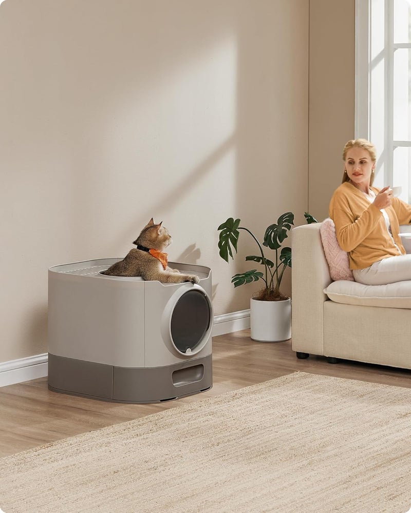 XXL Litter Box with Lid, Removable Tray, Scoop, Brush, for Cats of All Sizes, Less Mess, Oat Flakes Warm Gray PPT002G01 - Image 2