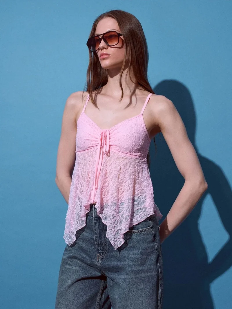 ديلفين DILVIN Lace Tie-front Sleeveless Blouse