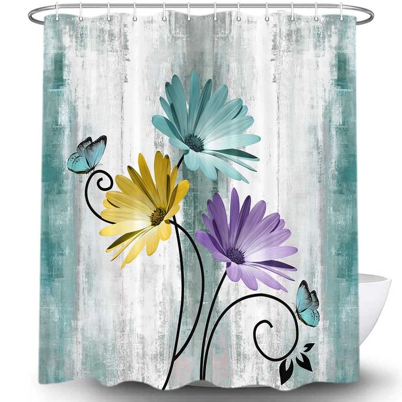 VeiVian Rustic Farmhouse Shower Curtain  Farm Teal Daisy Floral Flowers and Butterfly on Country Wooden Shower Curtain for Bathroom  Turquoise Blue Bathroom Shower Curtains with 12PCS Hooks  70X75IN - Image 4