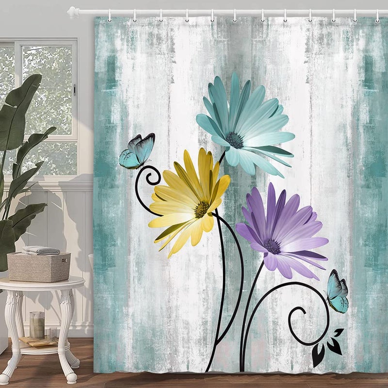 VeiVian Rustic Farmhouse Shower Curtain  Farm Teal Daisy Floral Flowers and Butterfly on Country Wooden Shower Curtain for Bathroom  Turquoise Blue Bathroom Shower Curtains with 12PCS Hooks  70X75IN - Image 3