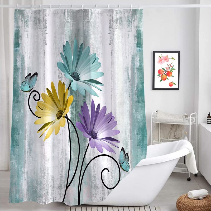 VeiVian Rustic Farmhouse Shower Curtain  Farm Teal Daisy Floral Flowers and Butterfly on Country Wooden Shower Curtain for Bathroom  Turquoise Blue Bathroom Shower Curtains with 12PCS Hooks  70X75IN - Image 5