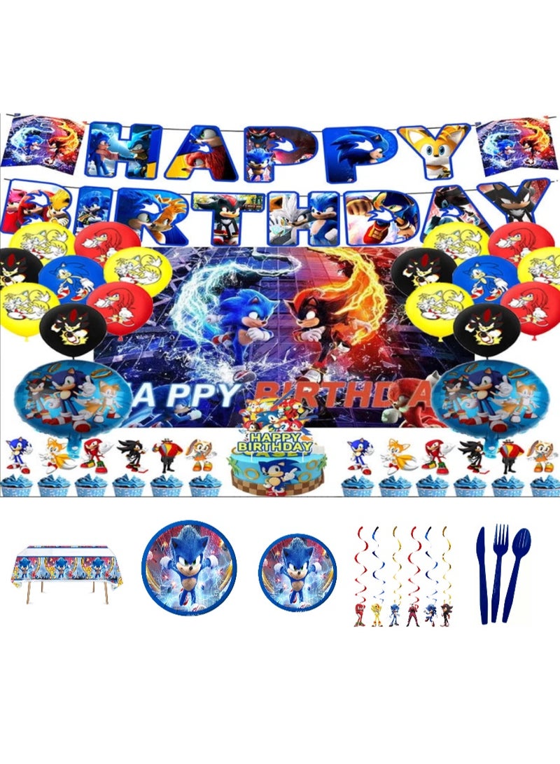 Sonic Birthday Party Supplies Set, All-in-One Sonic Theme Party Decorations Including 7/9 Inch Paper Plates, Tablecloth, Hanging Streamers, Birthday Banner, 80×120cm Backdrop, Cake Toppers, Foil & Latex Balloons, Disposable Cutlery, Cartoon Party Decor Kit for Kids Boys Birthday - Image 1