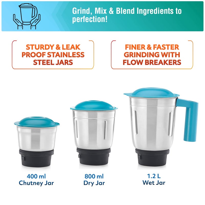 USHA Rapidmix 500-Watt Copper Motor Mixer Grinder With 3 Jars And 2 Years Product Warranty & 5 Years Motor Warranty (Sea Green/White), 500 Watt (Pack of 2) - Image 5