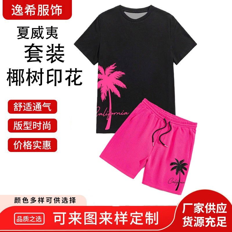 New Sublimation Round Neck Short-Sleeved Beach Pants Hawaiian Suit Simple Trendy Two-Piece Set 3D Printing - Image 2