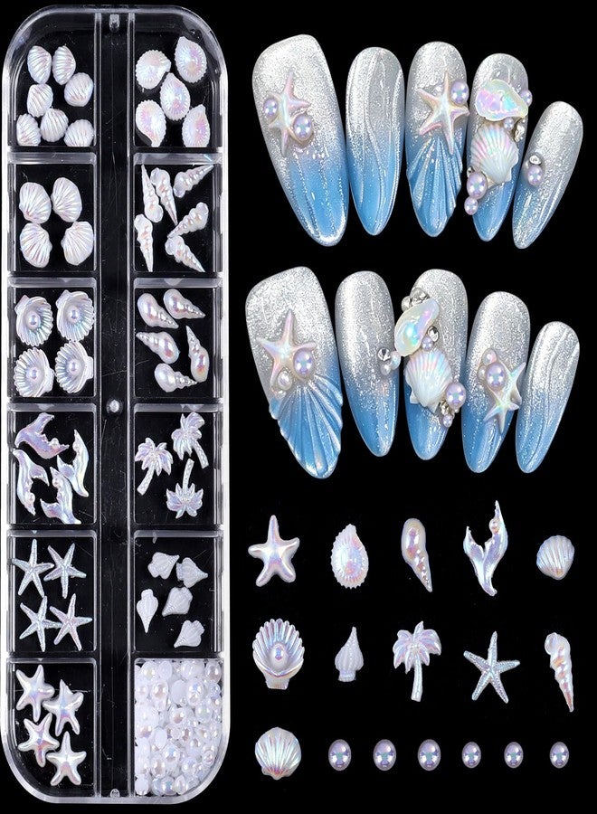 SWEET TREND Aurora White Summer Nail Charms Decoration 3D Shell Pearl Starfish Conch Sea Beach Nail Charms Holographic Resin Ocean Nail Gems DIY Nail Jewelry for Home Salon Manicure Accessories - Image 1
