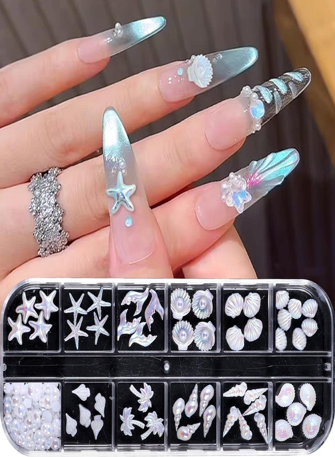 SWEET TREND Aurora White Summer Nail Charms Decoration 3D Shell Pearl Starfish Conch Sea Beach Nail Charms Holographic Resin Ocean Nail Gems DIY Nail Jewelry for Home Salon Manicure Accessories - Image 2