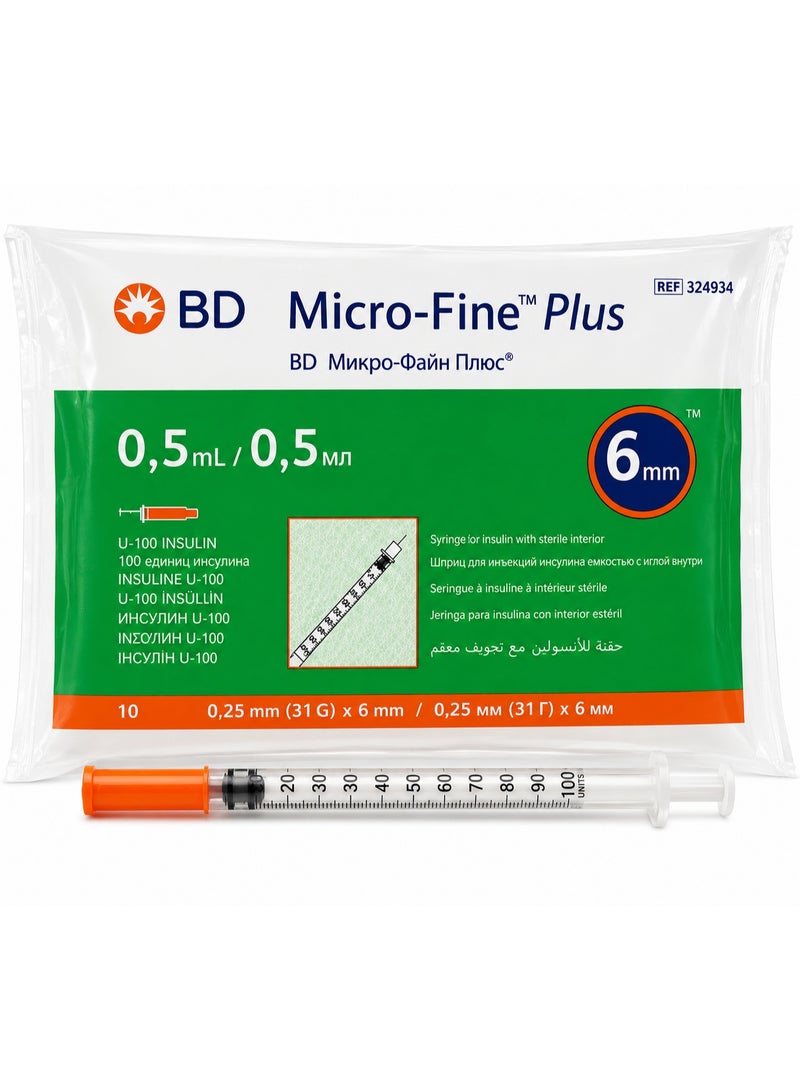 محقنة أنسولين BD Micro-Fine Plus سعة 0.5 مل، 31G، 6 مم، 10 قطع