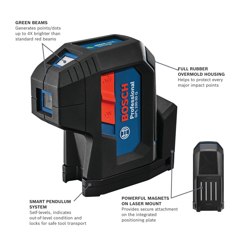 BOSCH بوش GPL100-30G ليزر محاذاة ذاتي التسوية شعاع أخضر، يتضمن 2 بطارية AA، قاعدة متعددة الاستخدامات مدمجة، وحقيبة حمل صلبة - Image 2