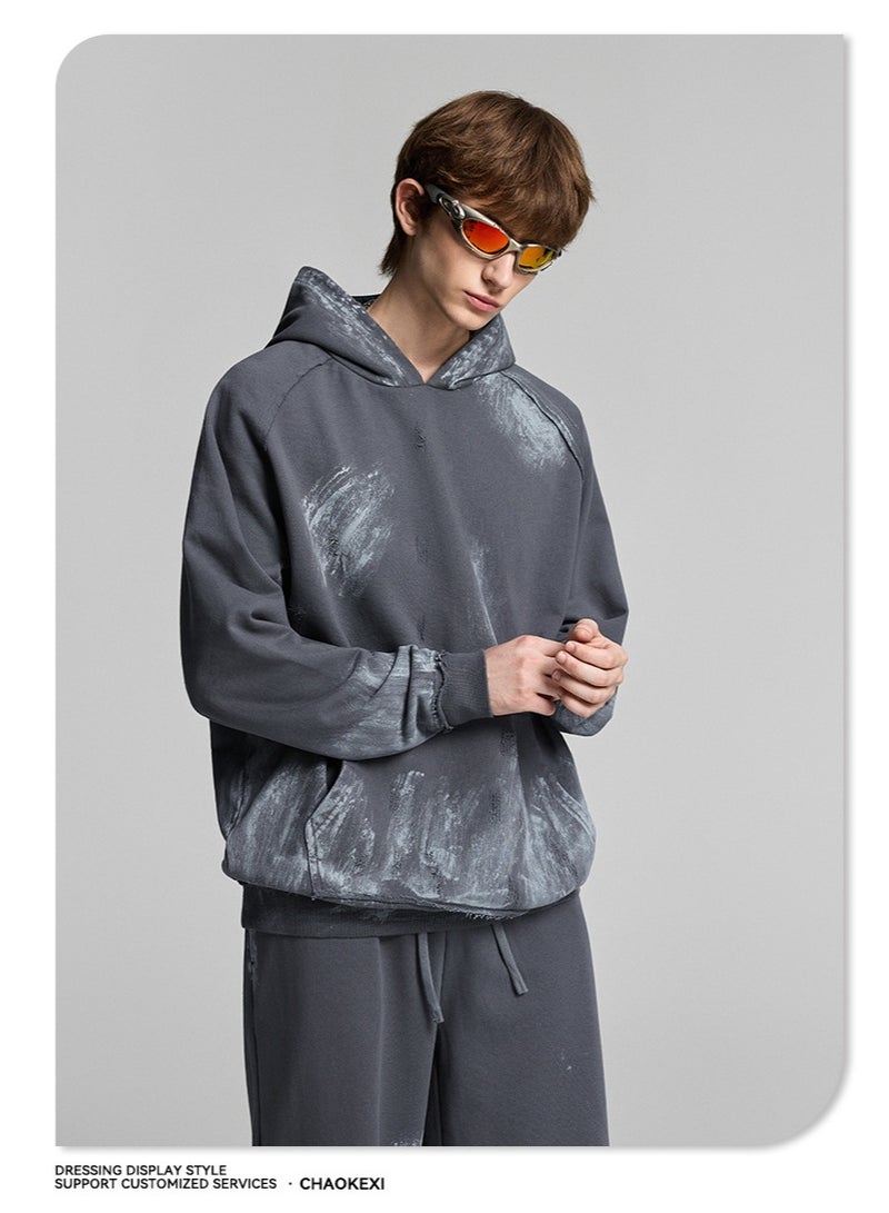 CHAOKEXI Heavyweight Painted High-Street Hoodie | Retro Washed Distressed Oversized Hoodie for Men and Women - Image 2
