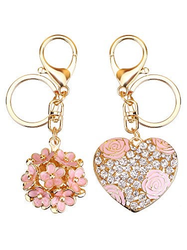 Mtlee Flower Ball Keychain and Sweet Love Heart Rose Crystal Key Chain for Women Pink Flower Girly Charm Keyring, 2 Pieces, Medium - Image 1