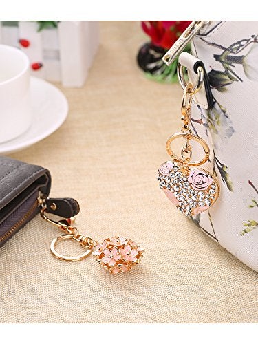 Mtlee Flower Ball Keychain and Sweet Love Heart Rose Crystal Key Chain for Women Pink Flower Girly Charm Keyring, 2 Pieces, Medium - Image 5