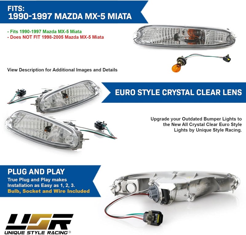 USR UNIQUE STYLE RACING USR DEPO 9097 MX5 إشارات ضوئية مجموعة مصابيح إشارة الانعطاف الأمامية بتصميم كريستالي JDM اليسار واليمين متوافقة مع 1990-1997 مازدا MX5 Mk1 مياتا عدسة كريستالية واضحة بالكامل - Image 3