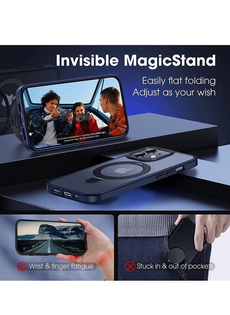 INFOSUN - iPhone 12/12 Pro Case with Magnetic Invisible Stand Cover Shockproof and Anti-Yellow Slim Thin Translucent Matte Protective Magsafe Case for Apple iPhone 12/12 Pro 6.1 inch - Navy Blue - Image 1