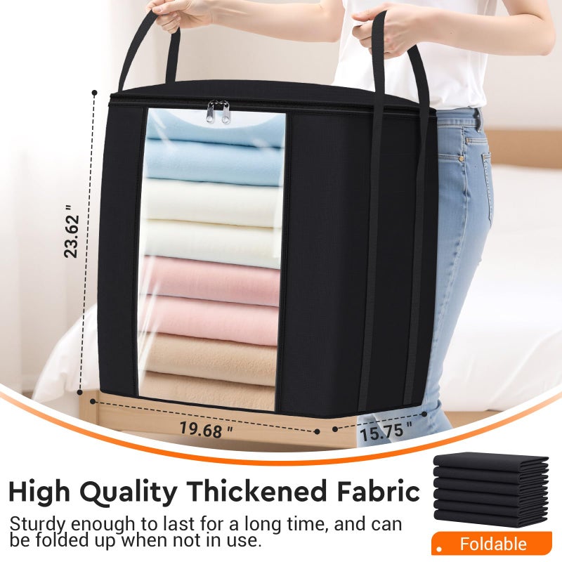 TasticTotes 120L Extra Large Clothes Storage Bags, Foldable Blanket Storage and Organization, Thick Fabric Containers with Reinforced Handles & Zippers for Clothing, Comforters, Bedding, Black, 1 Pack - Image 2