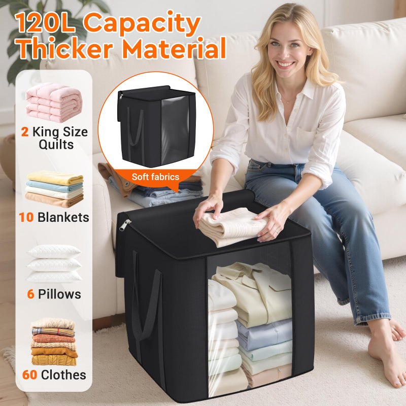TasticTotes 120L Extra Large Clothes Storage Bags, Foldable Blanket Storage and Organization, Thick Fabric Containers with Reinforced Handles & Zippers for Clothing, Comforters, Bedding, Black, 1 Pack - Image 3