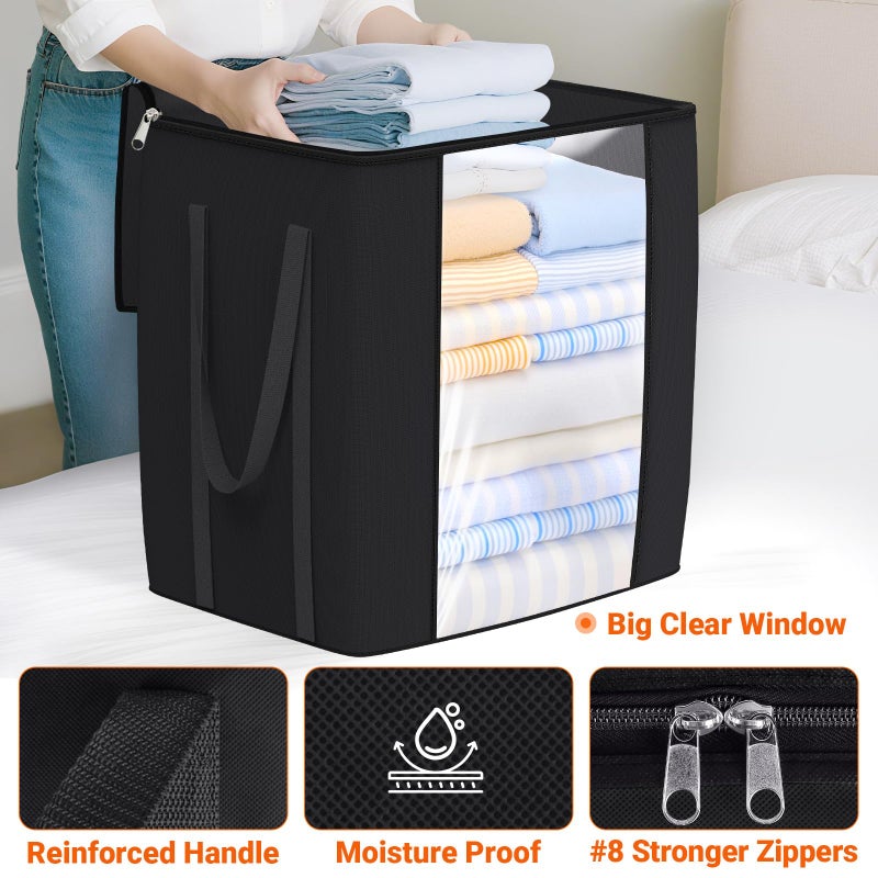 TasticTotes 120L Extra Large Clothes Storage Bags, Foldable Blanket Storage and Organization, Thick Fabric Containers with Reinforced Handles & Zippers for Clothing, Comforters, Bedding, Black, 1 Pack - Image 4