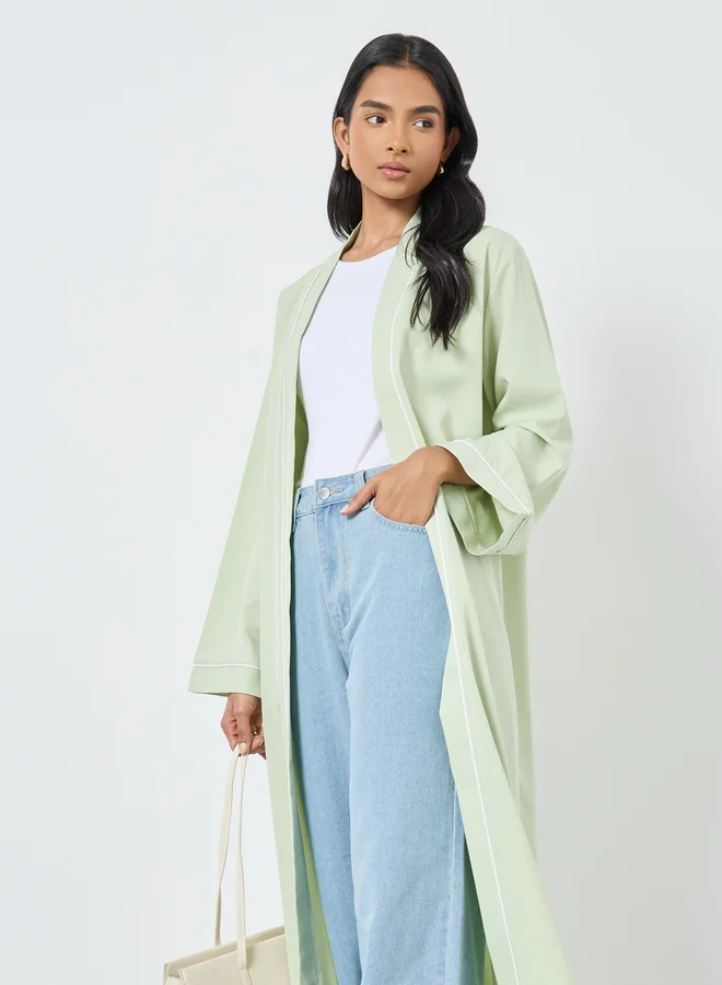 Take Two Take Two Women Green Front Open Kimono with Pipping Detail