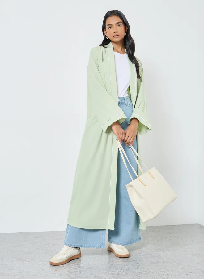Take Two Take Two Women Green Front Open Kimono with Pipping Detail