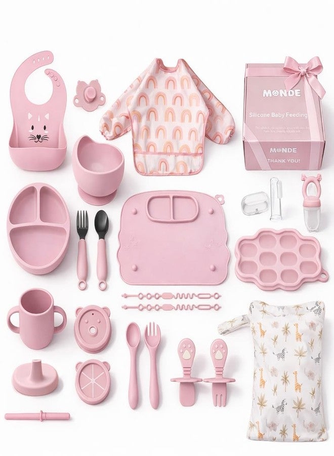 MONDE 25PCS Ultimate Silicone Baby Feeding Set, Complete Mealtime Baby-Led Weaning Essentials from Infant to Toddler, Bib, Smock, Sippy Cup, Dry Wet Bag, Placemat, Perfect Premium Gift Set (Pink) - Image 1