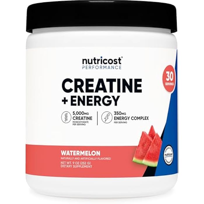 Nutricost Creatine + Energy 30 Servings (Watermelon Flavored) - 5,000mg Creatine Monohydrate + 350mg Energy Complex Per Serving - Image 1
