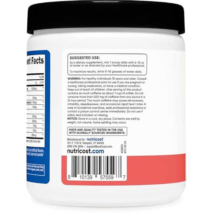 Nutricost Creatine + Energy 30 Servings (Watermelon Flavored) - 5,000mg Creatine Monohydrate + 350mg Energy Complex Per Serving - Image 4