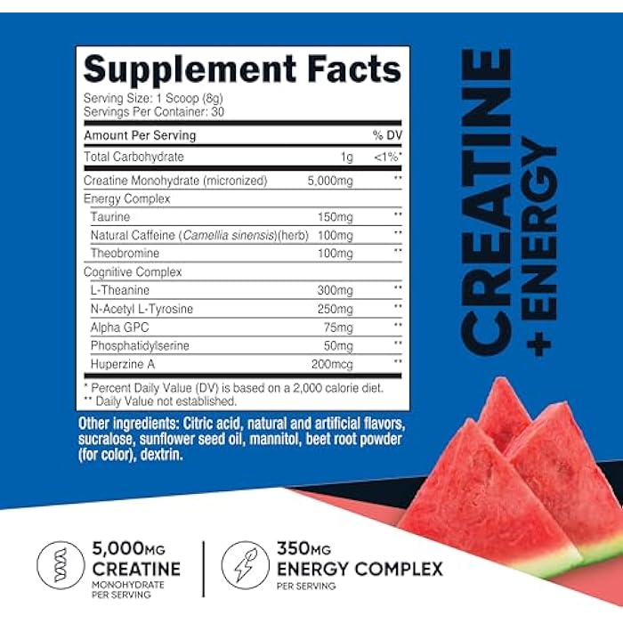 Nutricost Creatine + Energy 30 Servings (Watermelon Flavored) - 5,000mg Creatine Monohydrate + 350mg Energy Complex Per Serving - Image 2