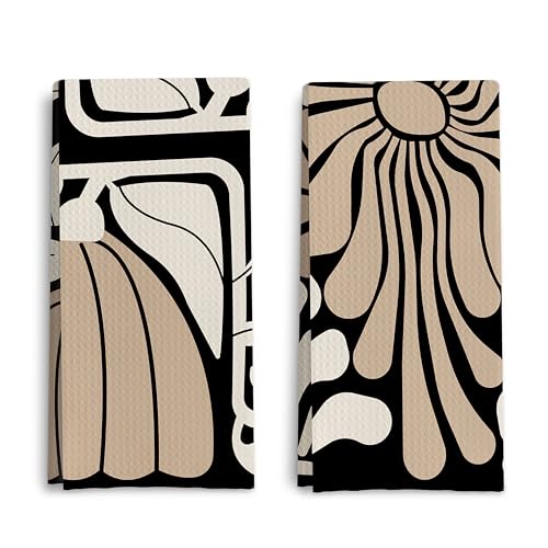 Qpenm Abstract Boho Neutral Taupe and Beige Floral Kitchen Towels Set of 2, Retro 70s Groovy Floral Hand Towels for Bathroom, Modern Minimalist Botanical Dish Tea Towels for Kitchen Decor, 16x24 Inch - Image 1