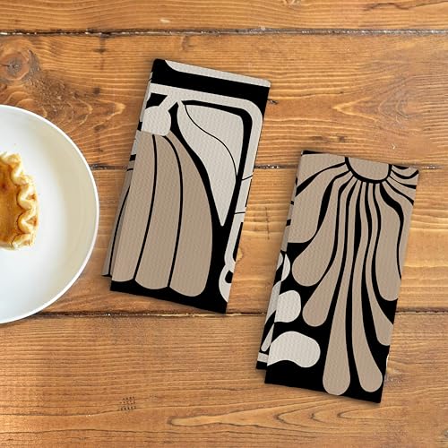 Qpenm Abstract Boho Neutral Taupe and Beige Floral Kitchen Towels Set of 2, Retro 70s Groovy Floral Hand Towels for Bathroom, Modern Minimalist Botanical Dish Tea Towels for Kitchen Decor, 16x24 Inch - Image 3
