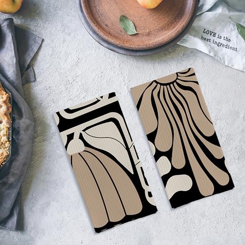 Qpenm Abstract Boho Neutral Taupe and Beige Floral Kitchen Towels Set of 2, Retro 70s Groovy Floral Hand Towels for Bathroom, Modern Minimalist Botanical Dish Tea Towels for Kitchen Decor, 16x24 Inch - Image 4