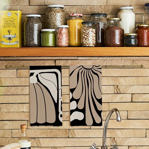 Qpenm Abstract Boho Neutral Taupe and Beige Floral Kitchen Towels Set of 2, Retro 70s Groovy Floral Hand Towels for Bathroom, Modern Minimalist Botanical Dish Tea Towels for Kitchen Decor, 16x24 Inch - Image 2
