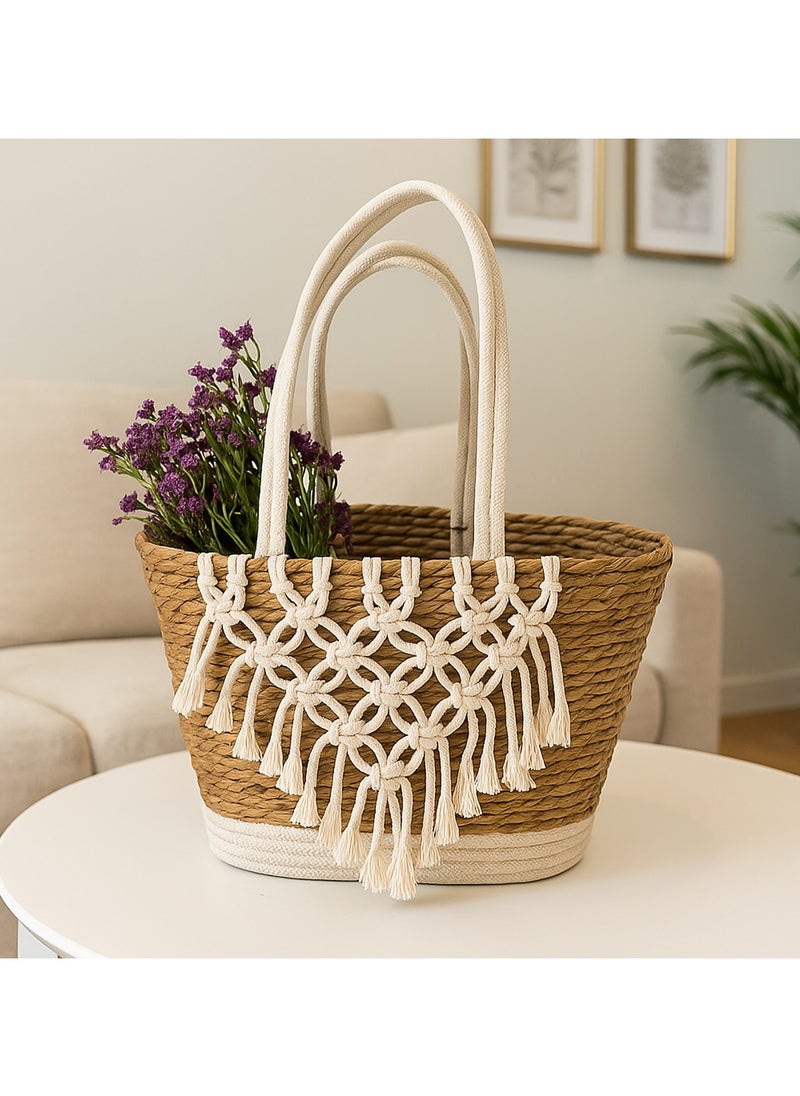 LINGWEI Handmade Jute Storage Basket with Boho Macramé Tassels – Eco-Friendly, Spacious, and Stylish Tote for Home, Beach, or Shopping  - Image 1