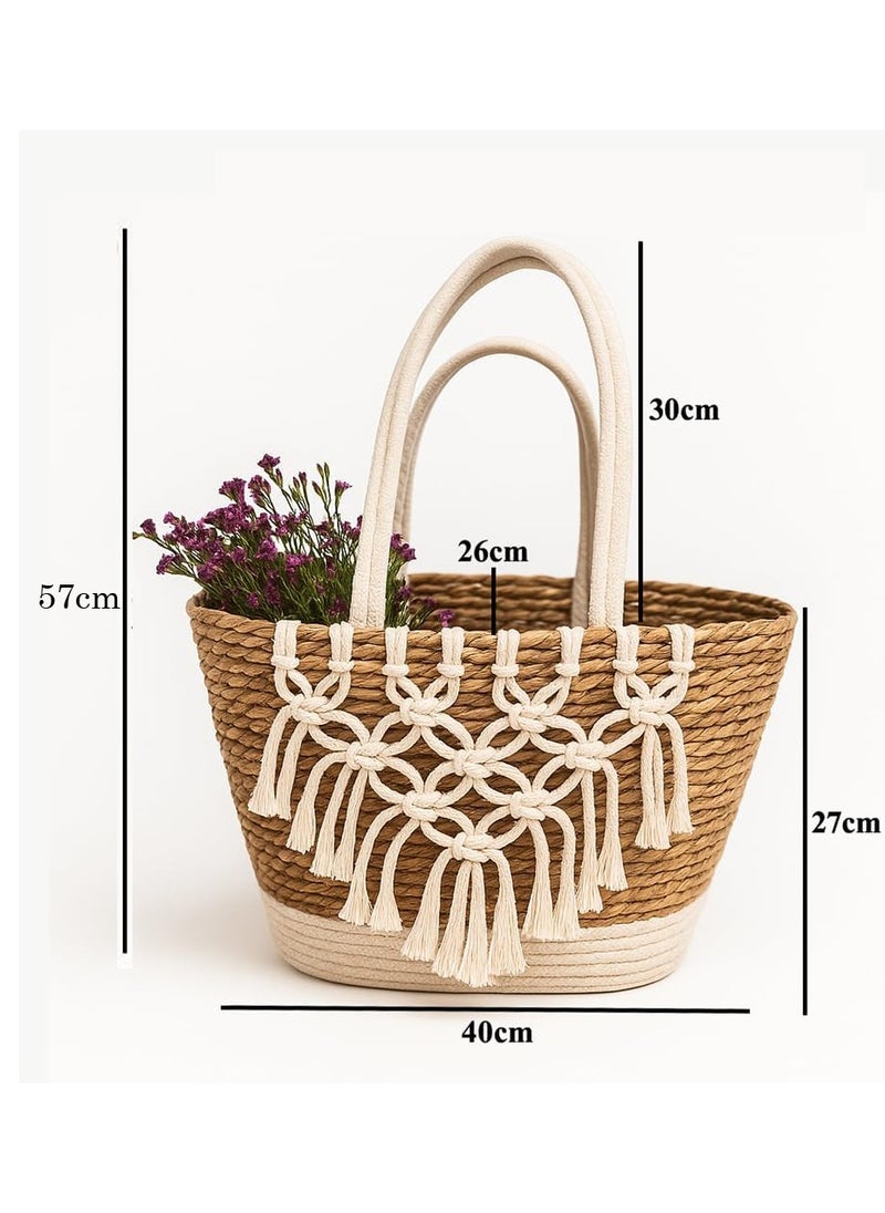 LINGWEI Handmade Jute Storage Basket with Boho Macramé Tassels – Eco-Friendly, Spacious, and Stylish Tote for Home, Beach, or Shopping  - Image 2