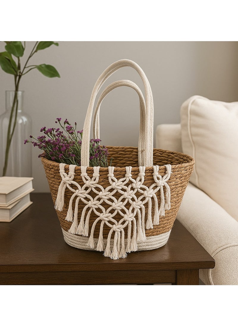 LINGWEI Handmade Jute Storage Basket with Boho Macramé Tassels – Eco-Friendly, Spacious, and Stylish Tote for Home, Beach, or Shopping  - Image 4