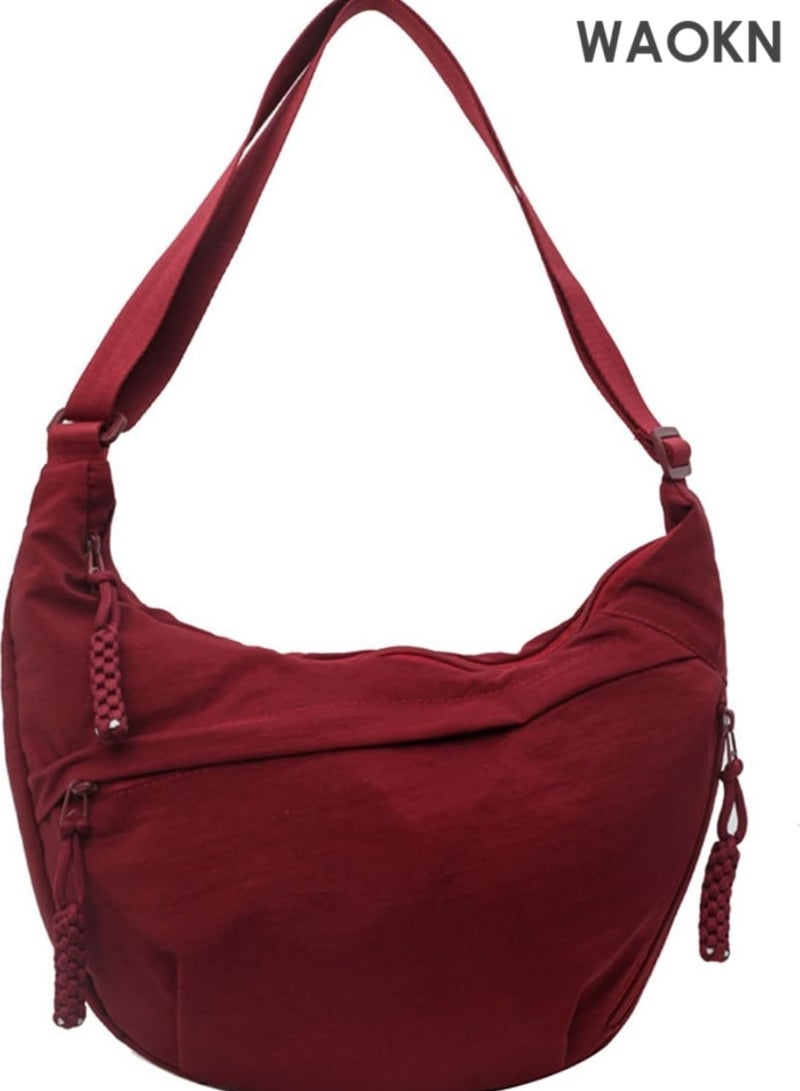 WAOKN Nylon Crossbody Bags for Women, Trendy Medium Crescent Bag,  Retro Nylon Canvas Crossbody Bag Slouchy Corduroy Dumpling BagLightweight Woman Over Shoulder Purse with Zipper(Red） - Image 1
