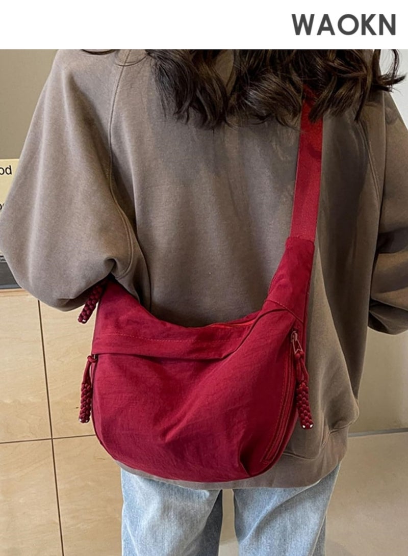 WAOKN Nylon Crossbody Bags for Women, Trendy Medium Crescent Bag,  Retro Nylon Canvas Crossbody Bag Slouchy Corduroy Dumpling BagLightweight Woman Over Shoulder Purse with Zipper(Red） - Image 3