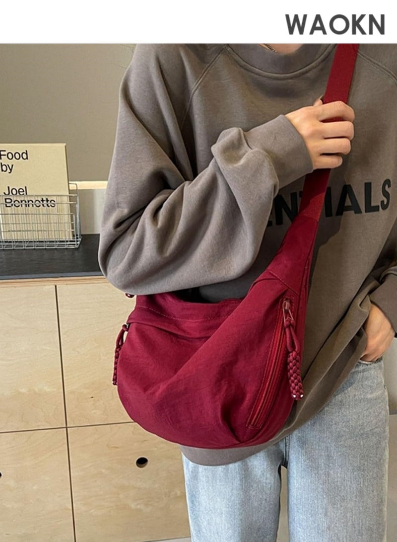WAOKN Nylon Crossbody Bags for Women, Trendy Medium Crescent Bag,  Retro Nylon Canvas Crossbody Bag Slouchy Corduroy Dumpling BagLightweight Woman Over Shoulder Purse with Zipper(Red） - Image 5