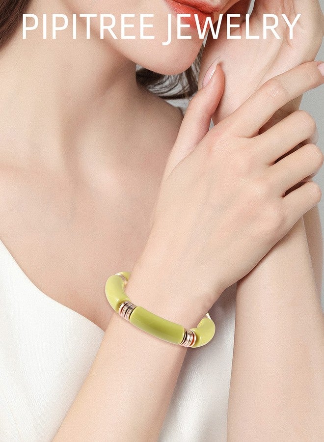 PIPITREE Bamboo Tube Bangles Bracelet For Women ，Chunky Curved Stacking Clear Acrylic Colorful Beads Stretchable Gold Bracelets Friendship Summer Beach Jewelry - Image 3