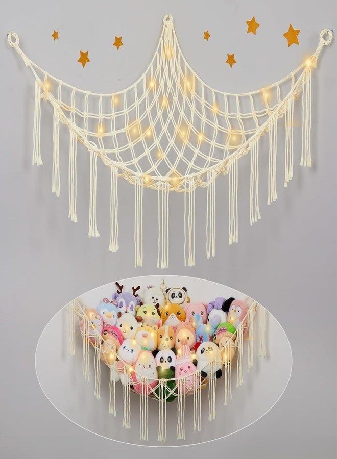 Macrame Kn0ts Stuffed Animal Hammock Net Toy Storage Organizer,with Fairy Lights Stuffed Animal Storage Toy Holder Boho Wall Hanging Décor for Nursery Kids Play Room Bedroom (Off White) - Image 1