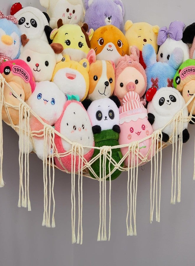Macrame Kn0ts Stuffed Animal Hammock Net Toy Storage Organizer,with Fairy Lights Stuffed Animal Storage Toy Holder Boho Wall Hanging Décor for Nursery Kids Play Room Bedroom (Off White) - Image 5