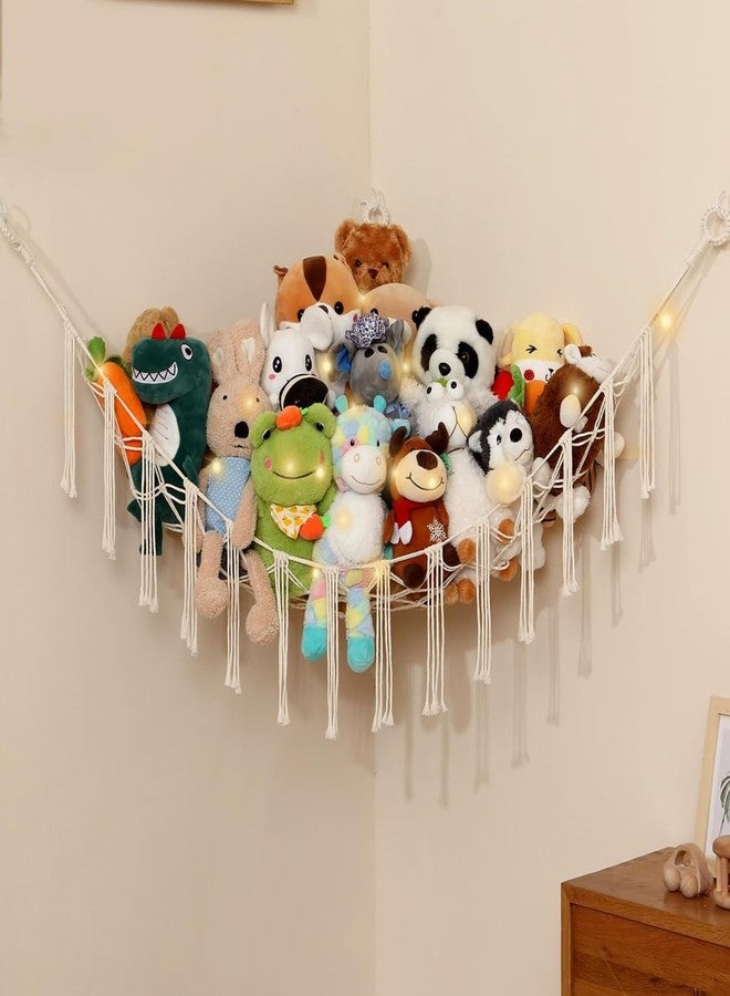 Macrame Kn0ts Stuffed Animal Hammock Net Toy Storage Organizer,with Fairy Lights Stuffed Animal Storage Toy Holder Boho Wall Hanging Décor for Nursery Kids Play Room Bedroom (Off White) - Image 2