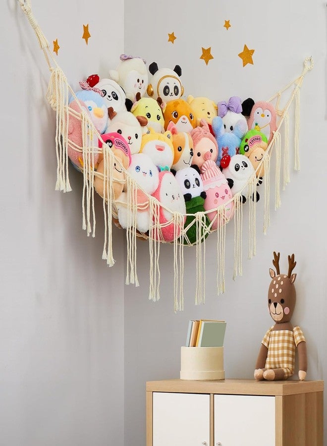 Macrame Kn0ts Stuffed Animal Hammock Net Toy Storage Organizer,with Fairy Lights Stuffed Animal Storage Toy Holder Boho Wall Hanging Décor for Nursery Kids Play Room Bedroom (Off White) - Image 4