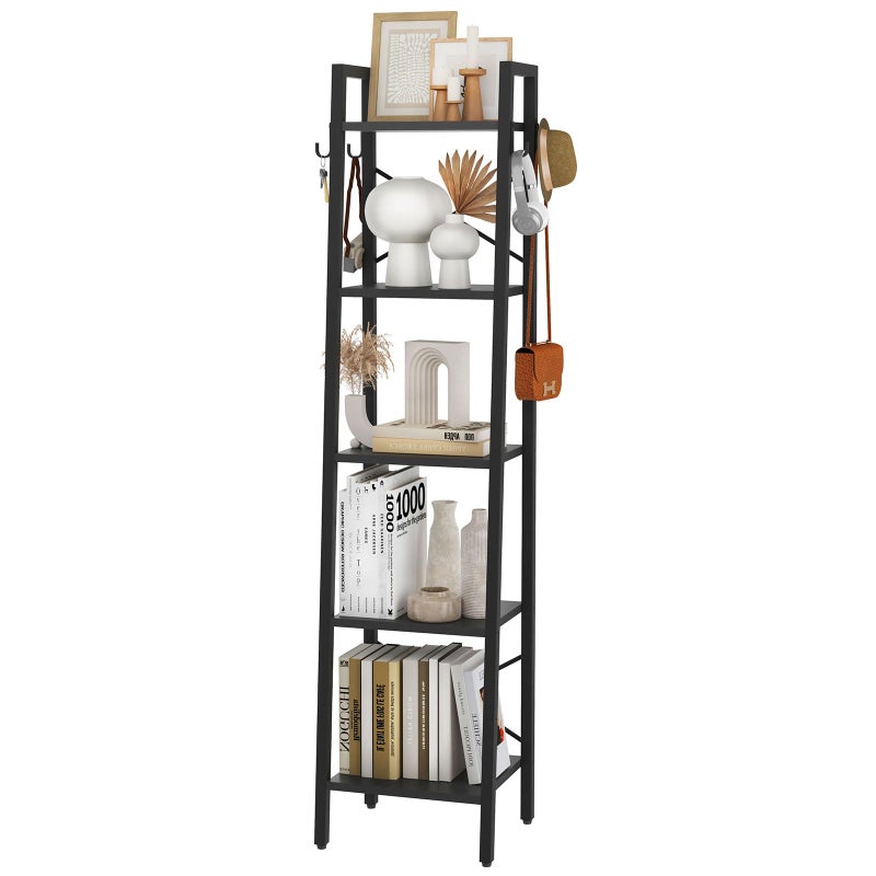 YMYNY 4 Tiers Ladder Bookcase, Industrial Narrow Bookshelf, Open Display Rack with 4 S Hooks, Metal Storage Shelves for Bedroom, Home Office, Living Room, Rustic Brown, 49.2H*13.4L*11.8W, UHBC024H - Image 2