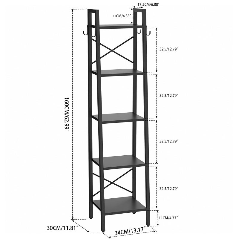 YMYNY 4 Tiers Ladder Bookcase, Industrial Narrow Bookshelf, Open Display Rack with 4 S Hooks, Metal Storage Shelves for Bedroom, Home Office, Living Room, Rustic Brown, 49.2H*13.4L*11.8W, UHBC024H - Image 3