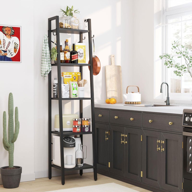 YMYNY 4 Tiers Ladder Bookcase, Industrial Narrow Bookshelf, Open Display Rack with 4 S Hooks, Metal Storage Shelves for Bedroom, Home Office, Living Room, Rustic Brown, 49.2H*13.4L*11.8W, UHBC024H - Image 4