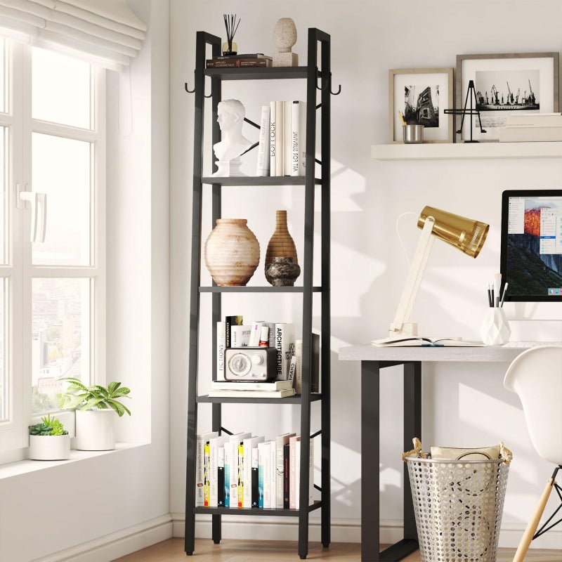 YMYNY 4 Tiers Ladder Bookcase, Industrial Narrow Bookshelf, Open Display Rack with 4 S Hooks, Metal Storage Shelves for Bedroom, Home Office, Living Room, Rustic Brown, 49.2H*13.4L*11.8W, UHBC024H - Image 5