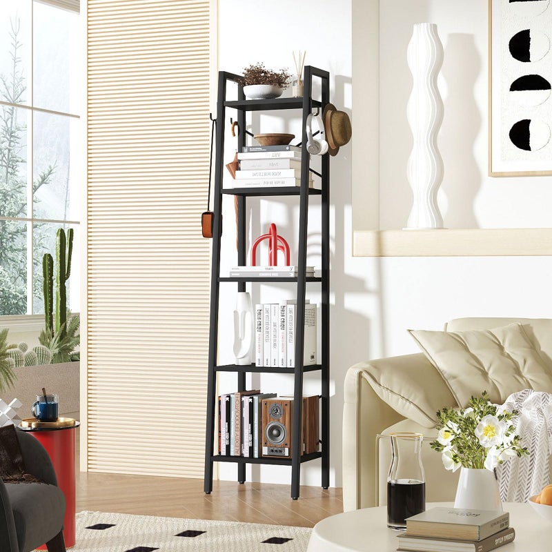 YMYNY 4 Tiers Ladder Bookcase, Industrial Narrow Bookshelf, Open Display Rack with 4 S Hooks, Metal Storage Shelves for Bedroom, Home Office, Living Room, Rustic Brown, 49.2H*13.4L*11.8W, UHBC024H - Image 1