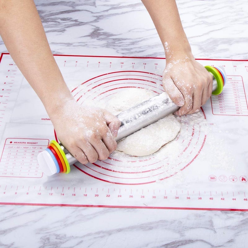 Quellance Rolling Pin and Pastry Baking Mat Set, Rolling Pins with Adjustable Thickness Rings, Stainless Steel Dough Roller for Baking Fondant, Pizza, Pie, Pastry, Pasta, Cookies (Red Mat) - Image 5
