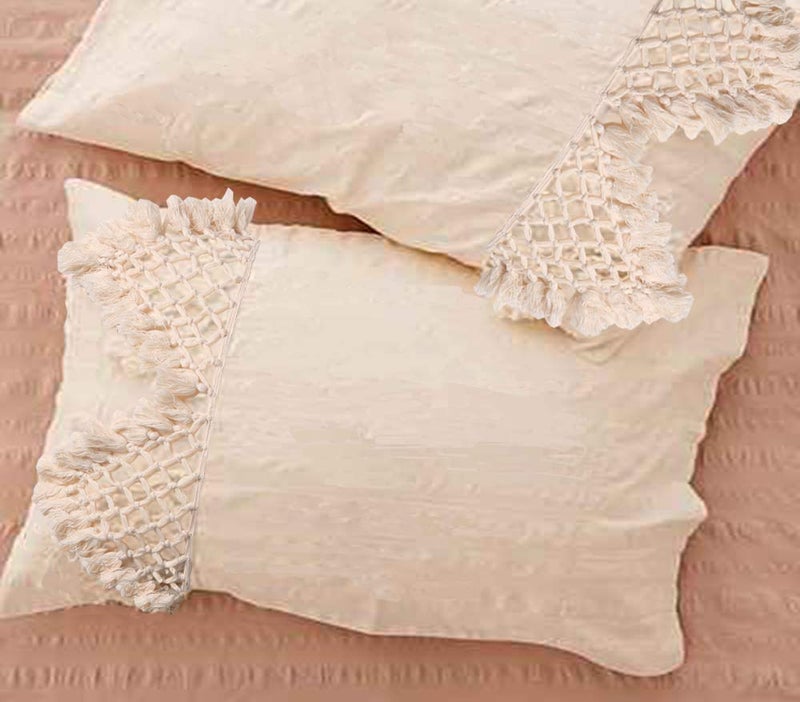 Flber Tufted Tassel Sham Set Lattice Cotton Pillow Covers 19.7in x35.5in Set of 2  - Image 1